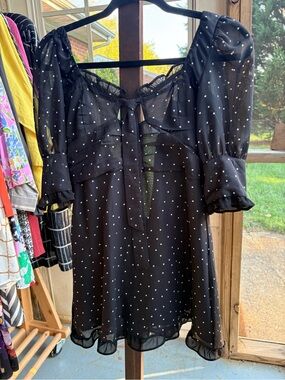 Peiran Black Polka Dot Ruffle Mini Dress Puff Sleeve Size S